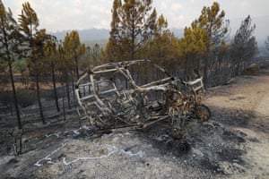 Castellón, Spain. The wreckage of a car ravaged by a forest fire