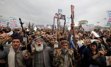 Houthis protest against the US and Israel in Sana'a on Friday.