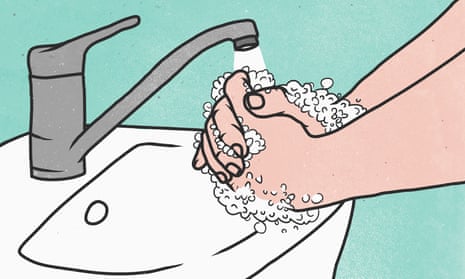 Cartoon drawing of washing hands with soap