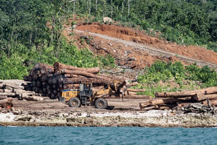 A bulldozer with logs by a river