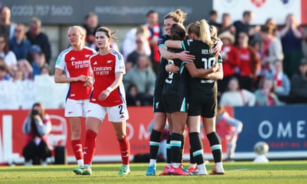 Liverpool players celebrate victory over Arsenal in the Women’s FA Cup quarter-final on Sunday.