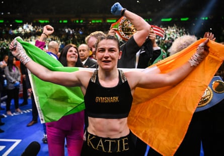 Katie Taylor celebrates victory after her undisputed world lightweight championship fight with Amanda Serrano at Madison Square Garden