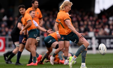 Wallabies flyhalf Carter Gordon kicks in the Bledisloe Cup match between New Zealand and Australia in Dunedin.