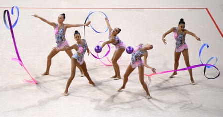 The France team compete in the Rhythmic Gymnastics World Championship, group all-around final in Sofia in 2022