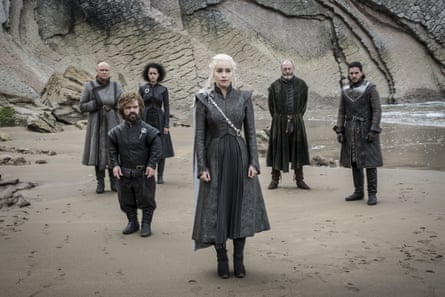 Conleth Hill as Varys, Peter Dinklage as Tyrion Lannister, Nathalie Emmanuel as Missandei, Emilia Clarke as Daenerys Targaryen, Liam Cunningham as Davos Seaworth and Kit Harington as Jon Snow.