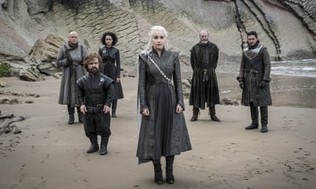 A still from Game Of Thrones series seven: Conleth Hill as Varys, Peter Dinklage as Tyrion Lannister, Nathalie Emmanuel as Missandei, Emilia Clarke as Daenerys Targaryen. Liam Cunningham as Davos Seaworth and Kit Harington as Jon Snow.