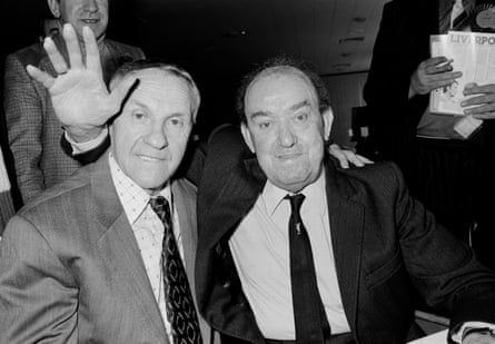 Former Liverpool manager Bill Shankly (left) and former Everton footballer Dixie Dean enjoy a pre-match meal before the Football League Division One Match between Everton and Liverpool at Goodison Park on March 1, 1980 in Liverpool, England. Dixie Dean passed away later that day after suffering a heart attack.