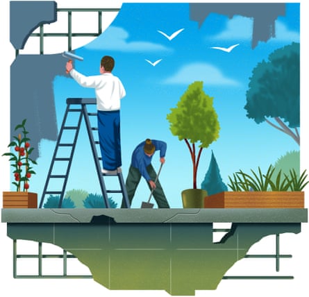 Two people gardening and painting in a landscape that’s falling apart