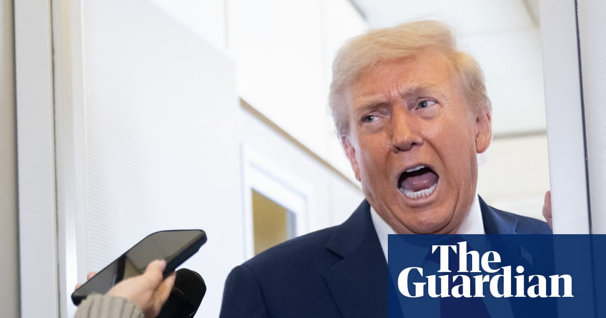 Trump administration officials solemnly defending 'independent journalism' while standing on a pile of "fake news" tweets and half-written Truth Social posts.
