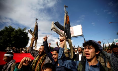 Supporters of the Houthi movement take part in a protest in Sana’a.