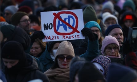 A protester in a crowd holds up a sign reading ‘No AfD’