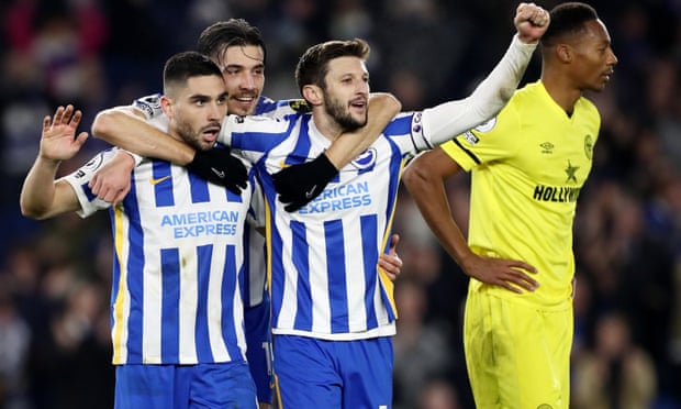 Brighton players react after Neal Maupay had doubled their lead with a thumping strike