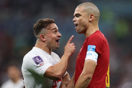 Xherdan Shaqiri squares up to Pepe during Switzerland’s World Cup last 16 loss to Portugal.