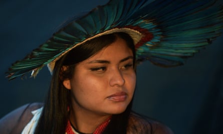 An indigenous woman from the Krenak tribe takes part in a demonstration in Brasília.