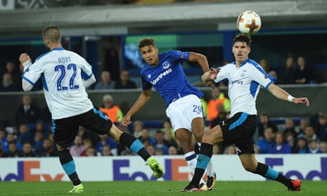 Everton’s Dominic Calvert-Lewin akes a shot which just inches past the Apollon Limas goal.