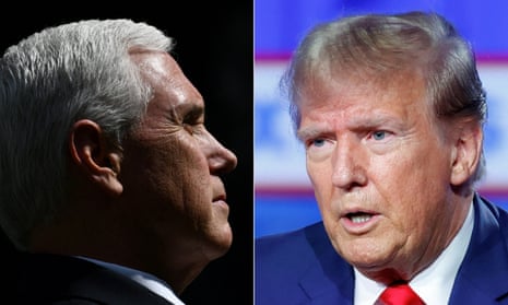 Composite of two images of older white men. The image of the man on the left is darker, and the image of the man on the left is brighter. The images face one another, with Trump appearing to speak to Pence.