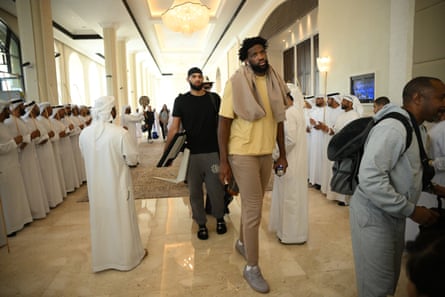 Joel Embiid of the Philadelphia 76ers arrives at the hotel for the team’s visit to Abu Dhabi this year.