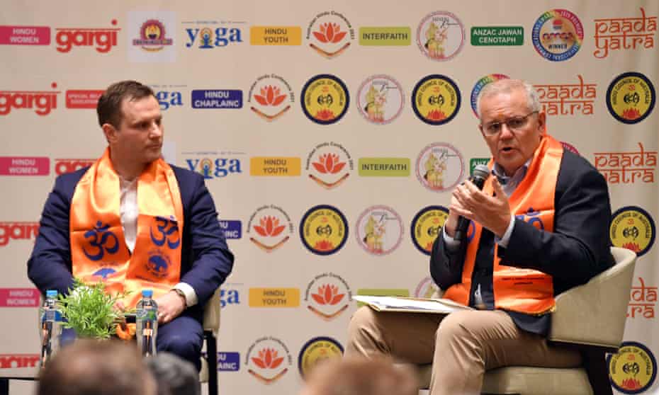 Immigration minister Alex Hawke and prime minister Scott Morrison at the Hindu Council of Australia meet and greet in Parramatta