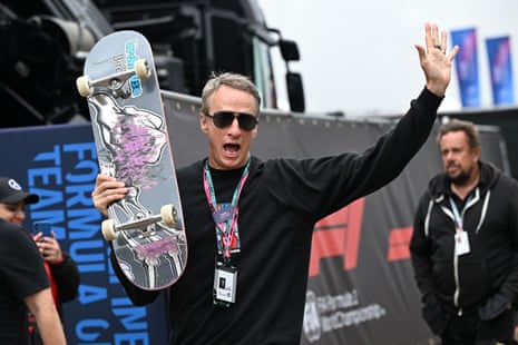 Tony Hawk, American professional skateboarder, arrives at the Silverstone Circuit