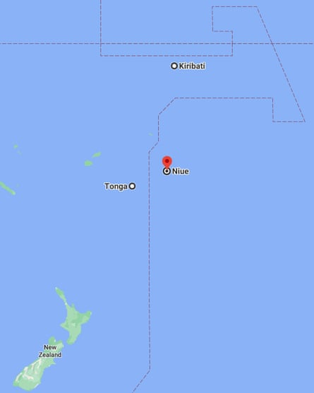 Google Maps locator showing the small island nation of Niue on one side of the international date late, while neighbours Tonga, New Zealand and Kiribati sit on the other.