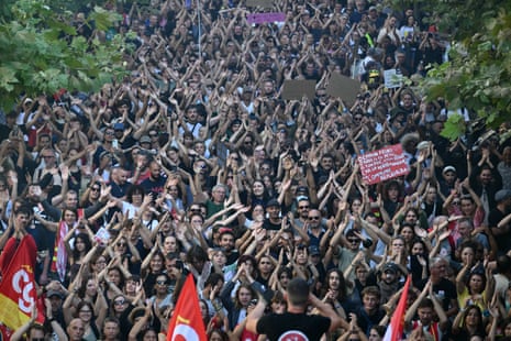 Protesters react during a demonstration as part of the ‘block everything’ movement in Marseille, southern France, on Wednesday.