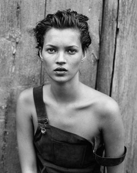 Kate Moss in dungarees with naked shoulders for Harper’s Bazaar, 1994