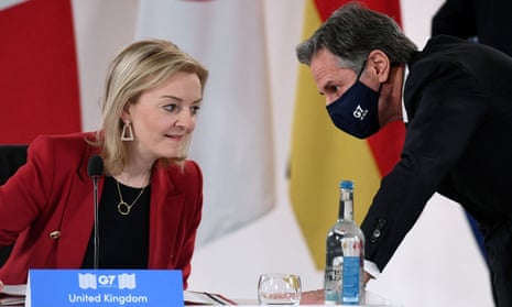 The British foreign secretary, Liz Truss, and the US secretary of state, Antony Blinken, speak during the G7 talks in Liverpool