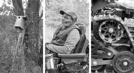 a triptych of a bird house in a tree, a man sitting outside in his trackchair and a closeup shot of the trackchair’s mechanics