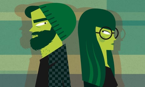 A cartoon drawing in green and black of two hipsters attracted to each other giving sideways glances