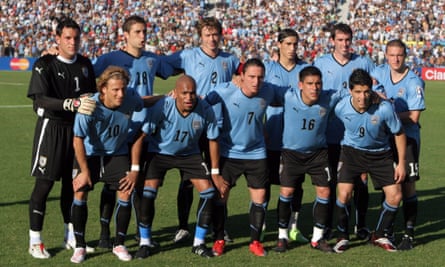 Team photo of the Uruguay XI before the 2010 World Cup qualification match against Paraguay in Montevideo