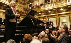 -<br>Austrian Pianist Alfred Brendel (L, up) is pictured at his last ever public concert the famous Golden Auditorium of Vienna's "Musikverein" on December 18, 2008 in Vienna.  Marking the end of a 60-year career, Brendel will perform Mozart's ninth piano concerto, K.271 in E-flat major, the "Jeunehomme" or "Jenamy".  Brendel is now regarded as one of the most prolific recording artists, with an extensive repertoire ranging from Bach and Haydn to Weber to Schumann, Liszt, Brahms, Mussorgsky and Schoenberg. AFP PHOTO/DIETER NAGL (Photo credit should read DIETER NAGL/AFP/Getty Images)