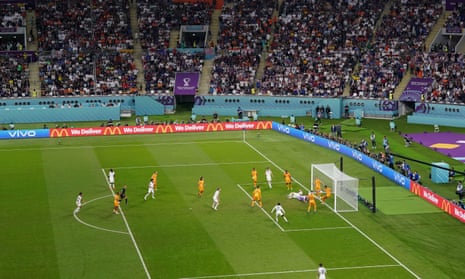 General view of the action as Netherlands clear a shot off the line