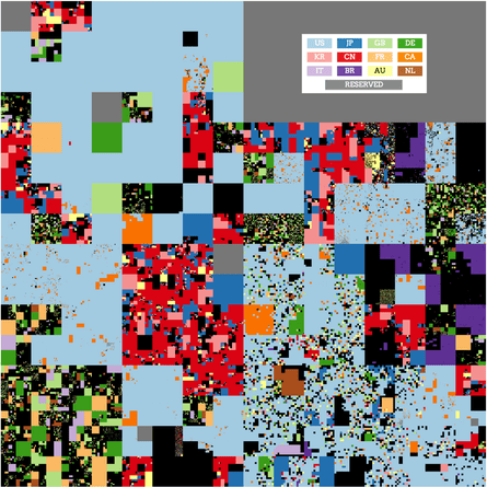 Political map of the Internet as seen by Rapid7: each pixel represents 254 IP addresses, colour coded by geographic location. For another view of the same map, turn to XKCD.