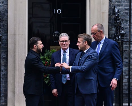 Ukrainian president Volodymyr Zelenskyy, prime minister of the United Kingdom Sir Keir Starmer, German chancellor Friedrich Merz and French president Emmanuel Macron outside 10 Downing Street in London.