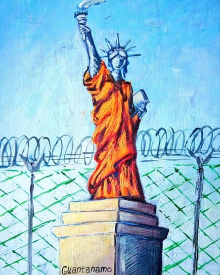 A painting by Sabri al-Qurashi of the Empire State building wearing a Guantamano Bay prisoner outfit.