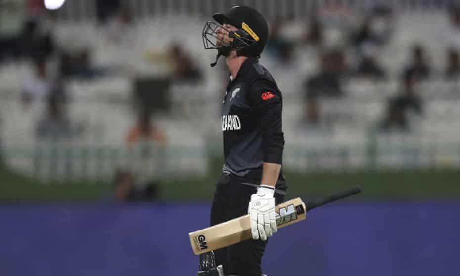 New Zealand's batter Devon Conway leaves the field after being dismissed in the T20 semi-final against England