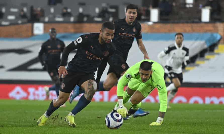 Gabriel Jesus rounds Fulham keeper Alphonse Areola before firing the ball home for Manchester City’s second goal.