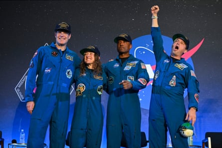 Artemis II mission astronauts Jeremy Hansen, Christina Koch, Victor Glover and Reid Wiseman at a welcoming ceremony in Houston on 11 April.