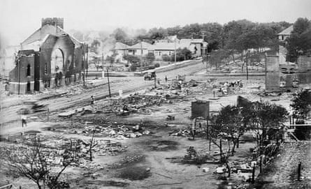 Part of Greenwood district burned in race riots, Tulsa, Oklahoma, in June 1921.