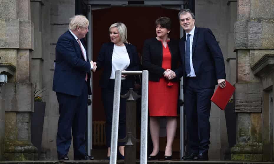 Boris Johnson, Sinn Féin’s Michelle O’Neill, Arlene Foster of the DUP and Northern Ireland secretary Julian Smith at Stormont.