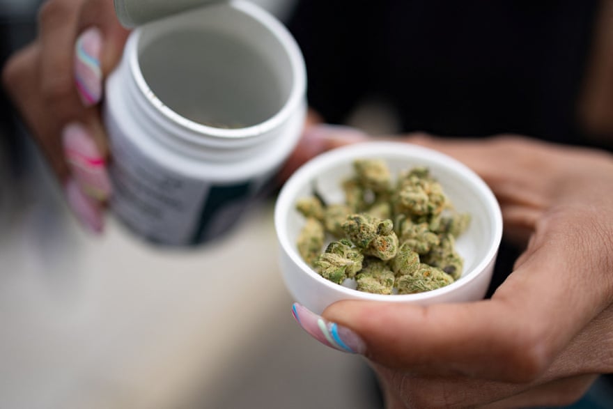 woman holds container full of cannabis