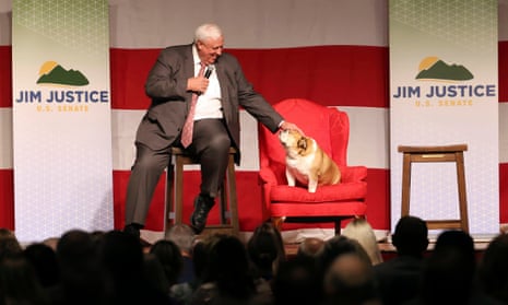 West Virginia governor Jim Justice and Babydog yesterday, when he announced his campaign for US Senate.