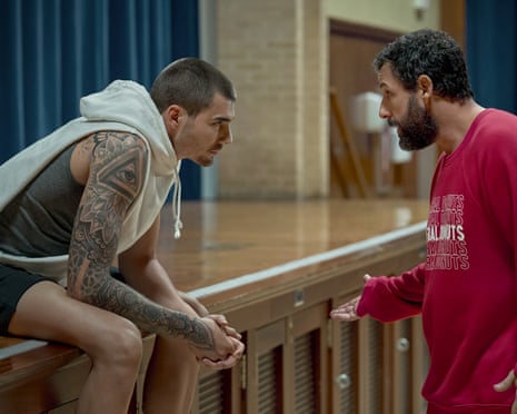 Juancho Hernangómez as Bo Cruz and Adam Sandler as Stanley Sugarman in Hustle