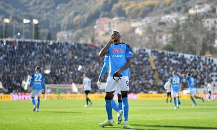 Victor Osimhen celebrates scoring Napoli’s second goal at Spezia.