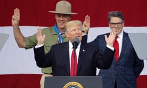 Climate scientists say a policy enacted by US interior secretary Ryan Zinke, pictured with Donald Trump and Rick Perry, is holding up scientific research funding.