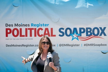 Marianne Williamson, 2024 presidential hopeful, speaks at the Des Moines Register Political Soapbox at the Iowa state fair.