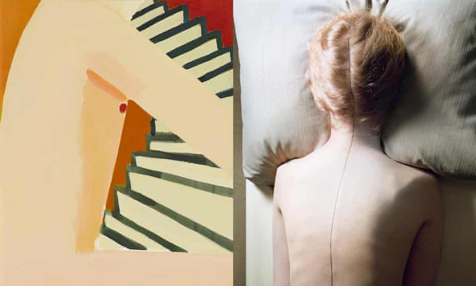 Left, Gabriella Boyd’s Very inadequately dressed I am making my way from a ground floor flat up the stairs to a higher floor 2015; and, right, UNtitled (Woman with Black Line) by Jo Ann Callis.