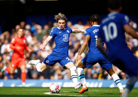 Conor Gallagher scores the opening goal for Chelsea against Brighton.