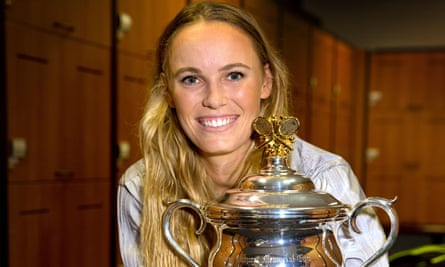 Caroline Wozniacki shows off the trophy after winning the Australian Open in 2018, ending her long wait for a grand slam title.