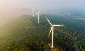 Red, white and … green: how can we make wine more sustainable? | Greener grapes 3 Aerial view of wind turbines on land